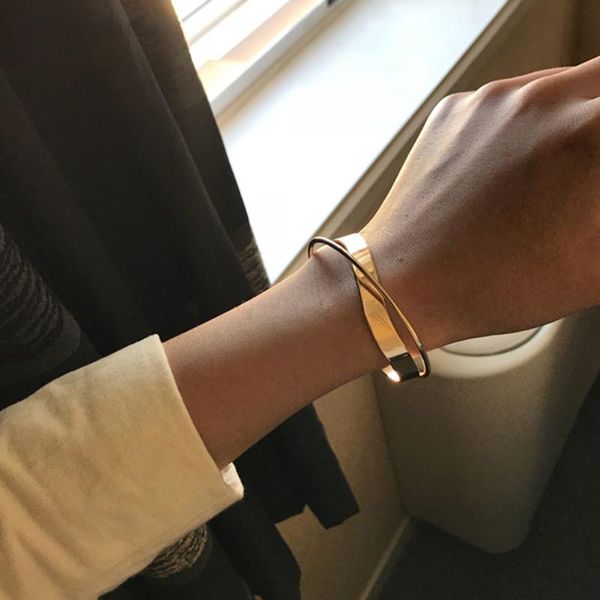 

korean glossy double layer geometric irregular cross ripple opening wristband jewelry bangle for women girls party tennis, Golden;silver