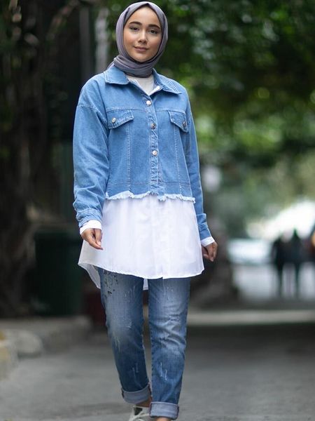 

ethnic clothing integrated ice blue denim jacket winter women 's muslim 2021 autumn season high quality, Red