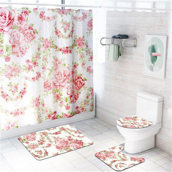 

shower curtains 4pcs/set bathroom mat set anti-slip bath coral fleece rose flower curtain floor washable toilet rug