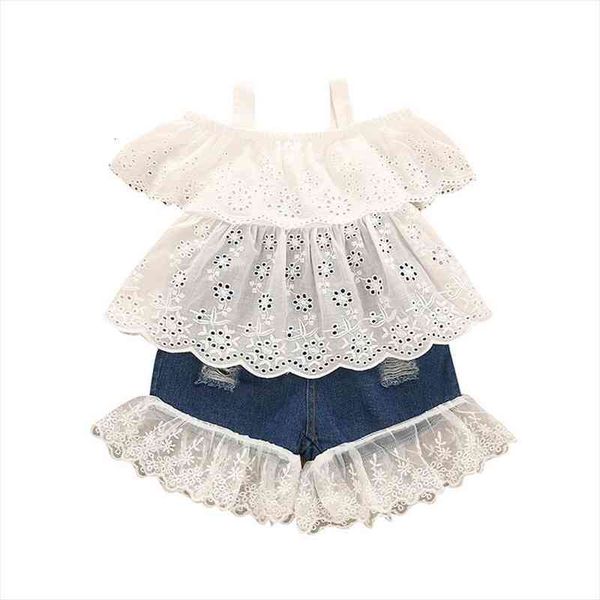 

toddler baby girls off shoulder hollow out embroidery smock blouses lace patchwork denim short pant 1 4t, White