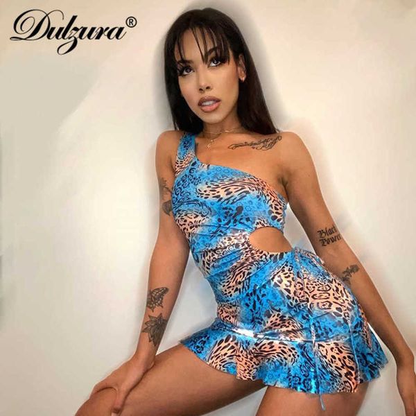 

dulzura leopard tie dye hollow out lace up women mini dress ruffle a shoulder bodycon elegant bandage streetwear club, Black;gray