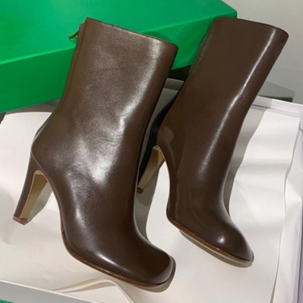 

boots brand square toe autumn winter women ankle high heels blue black lady shoes leather