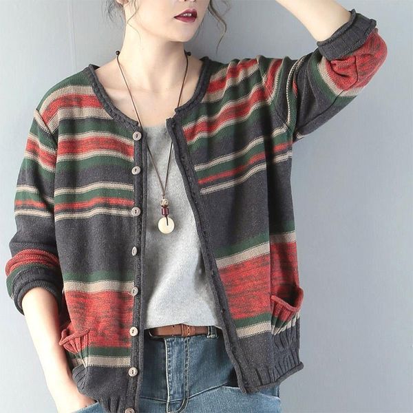 

sweaters arrival autumn winter arts style women long sleeve loose casual sweaters 100% cotton o-neck knitted striped cardigan m457 t4br, White;black