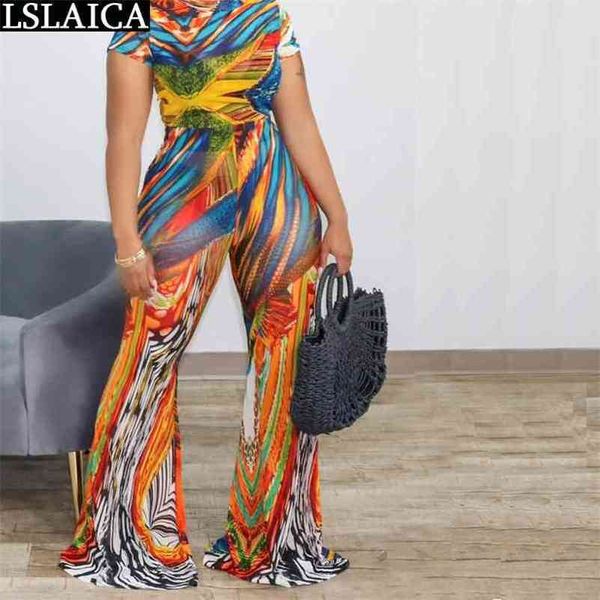 Zweiteilige Outfits Casual Print Frau T-Shirts Kurzarm Wide Leg Flare Hosen Set Sommer Trainingsanzug Ensemble Femme 2 Stück 210515