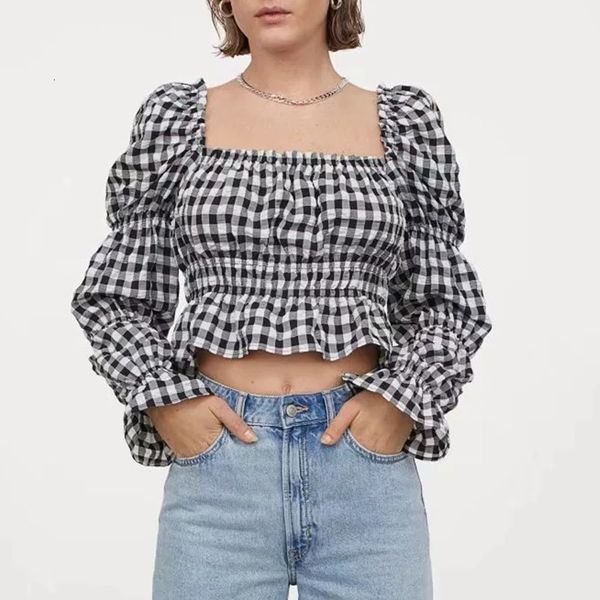 

women's tanks & camis mosimolly sprint black white cotton blouses women plaid bloues female blusas shirt puff sleeve short g3