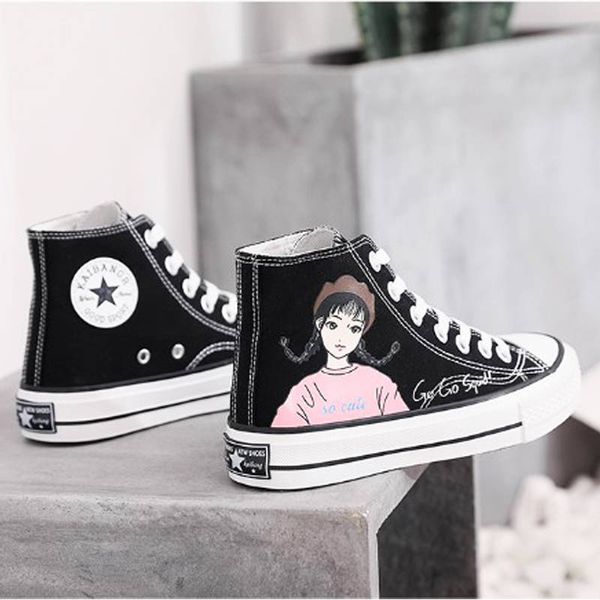 

dress shoes women's fashion vulcanized woman sneakers cartoon printed canvas flat comfortable high opyp, Black