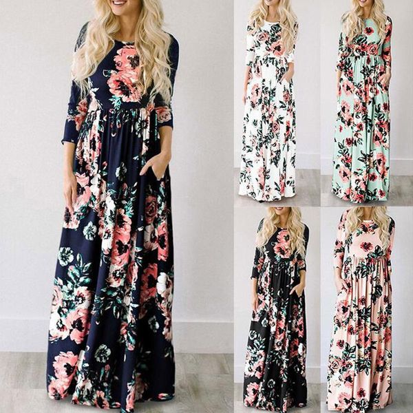 

casual dresses maxi dress 2021 women summer floral print white boho beach evening party long plus size vestidos female, Black;gray
