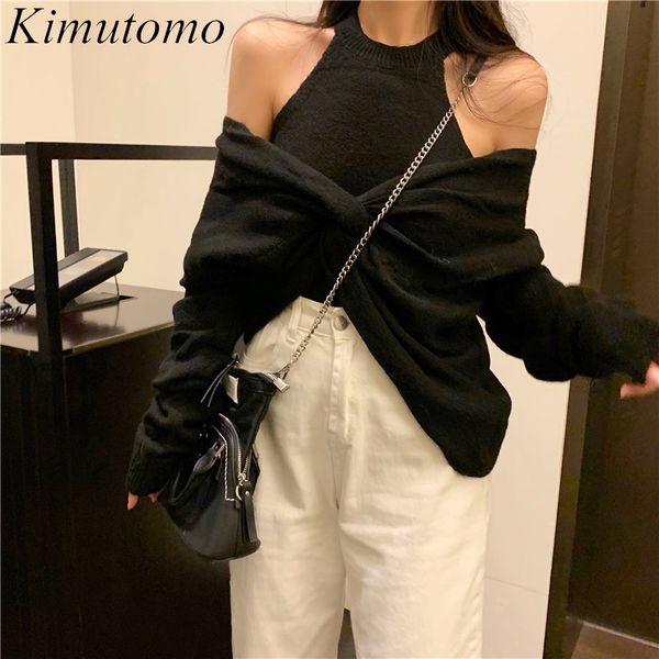 

kimutomo two piece set women knitted sweater autumn winter short pullovers elegant outwear loose and solid o-neck tank 210521, White;black