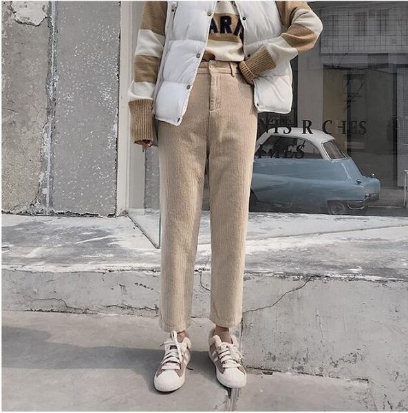 

women's pants & capris europe and america products autumn winter thick corduroy versatile beam leg slimming casual, Black;white