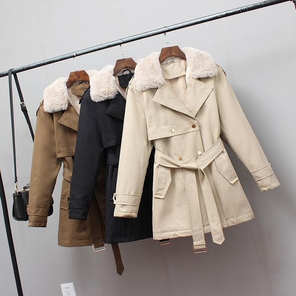 

women's trench coats plus size winter velvet thick mid-length waist warmth large fur collar windbreaker, Tan;black