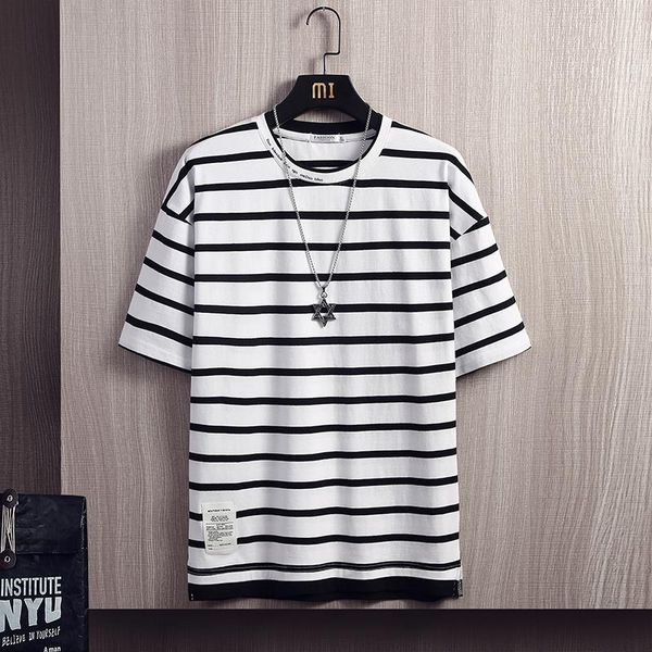 

men's t-shirts brand stripe t shirt men clothing summer half sleeve o-neck t-shirt loose casual cotton oversized clothes, White;black