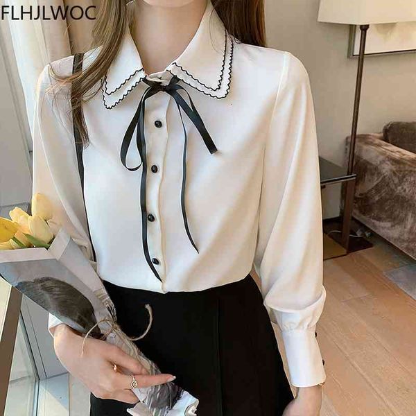 

women's blouses & shirts spring cute bow tie preppy style vintage japaneses korea design button elegant formal white ofpk