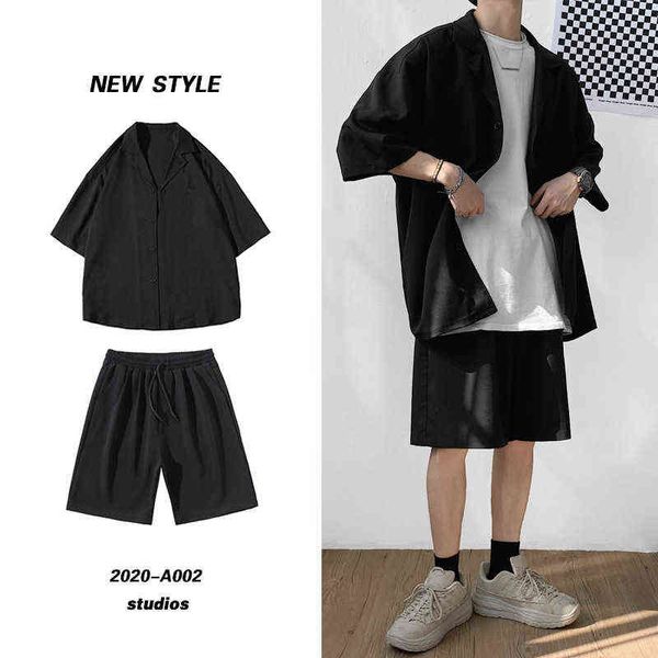 Koreanischen Stil männer Set Anzug Jacke und Shorts Solide Dünne Kurzarm Einzelne Tasche Knie-Länge Sommer Übergroßen Kleidung mann G220224