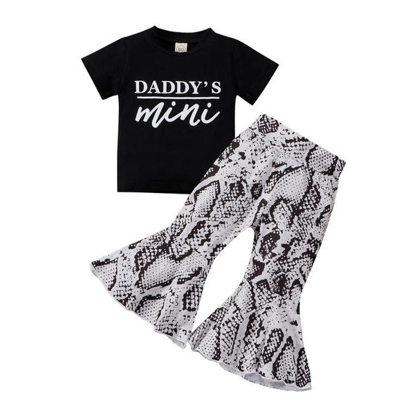 

0-4y summer kids girls clothes sets 2pcs letter short sleeve t shirts snakeskin printed flare pants clothing, White