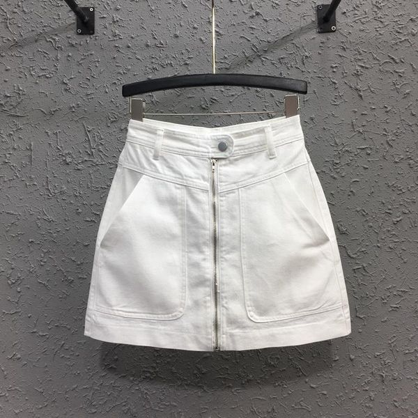 

skirts anti-exhaust zipper white denim skirt for women 2021 spring summer high waist large pocket all-match slim short miniskirt, Black