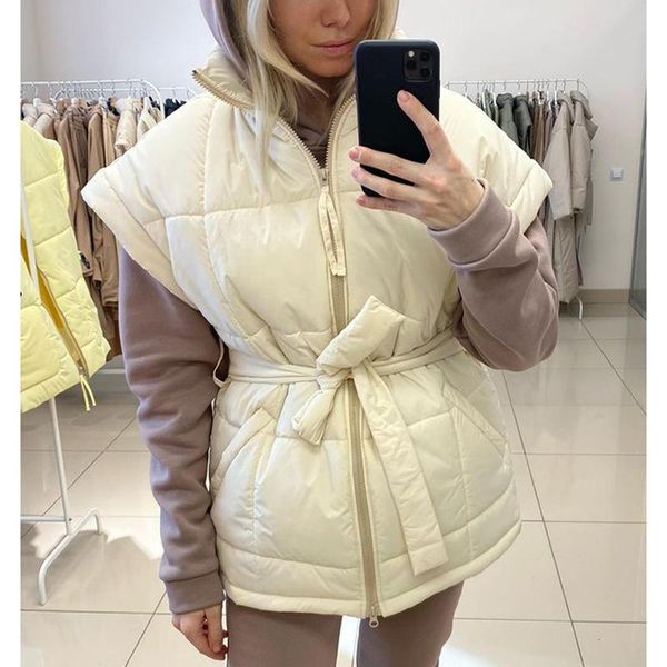

women's vests agong winter casual loose solid women fashion zipper tie belt vest elegant stand collar female ladies, Black;white