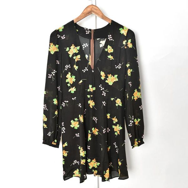 

casual dresses women deep v neck mini dress long sleeve campanula flower print high waist summer 2021 ladies zipper, Black;gray