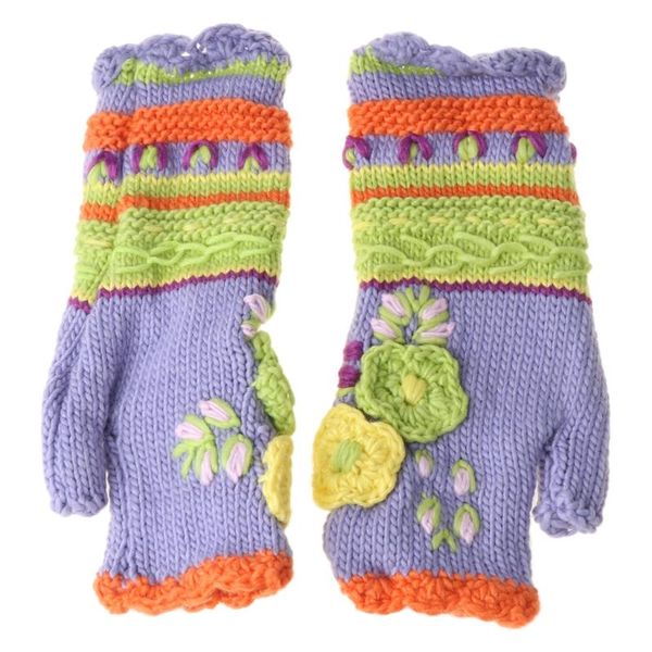 

five fingers gloves 28gd women winter vintage multicolor knitted fingerless fake sleeve ethnic colorful crochet floral half finger mittens, Blue;gray