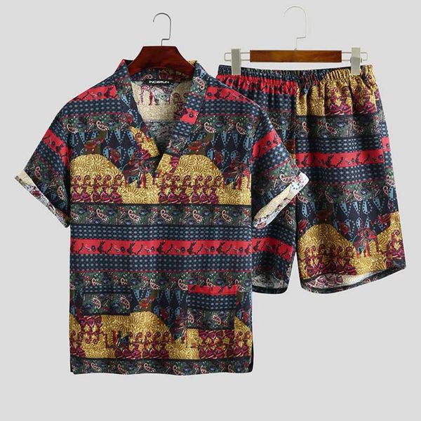 

printed men 2021 summer pyjamas sets loose short mouwen v-neck leisure shorts katoon nightwear kimono suits s-5xl, Black;brown