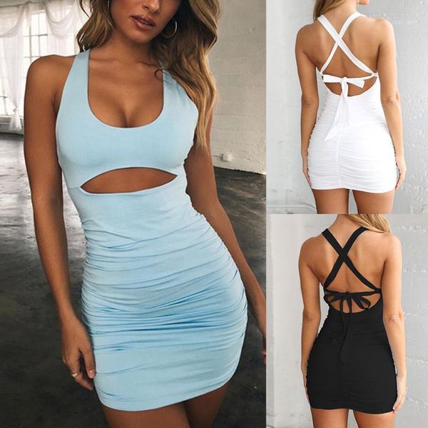 

casual dresses summer cami straps dress women hollow out spaghetti backless sleeveless club ruched sheath 2021 abito da donna, Black;gray