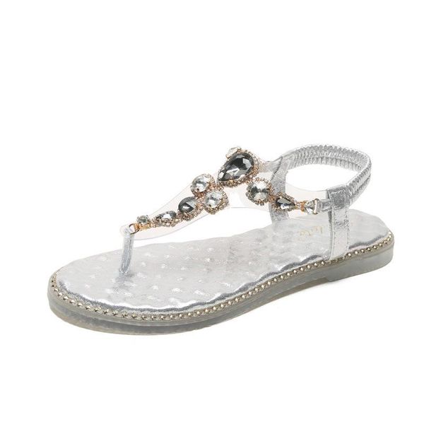 

sandals summer woman pu elastic band flat toe round rhinestones bohemia beaded comfy soft retro wedge low heels shoes, Black