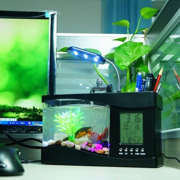 

aquariums usb mini goldfish bowl table lamp small multifunctional ecological aquarium office decoration fish tank clock night light