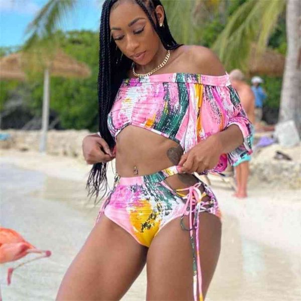 

off should two piece swimsuit woman swimwear lace up high waist bathing suit beach may female tankini set flounce bikini 210621, White;black