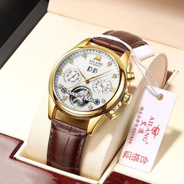 

wristwatches ailang tourbillon watch men mechanical automatic luxury wristwatch waterproof stianless steel leather watches for, Slivery;brown