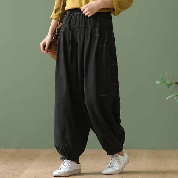 

fairynatural ladies spring winter loose casual denim pants women 2021 elastic waist pocket washed plus size jeans women's, Blue