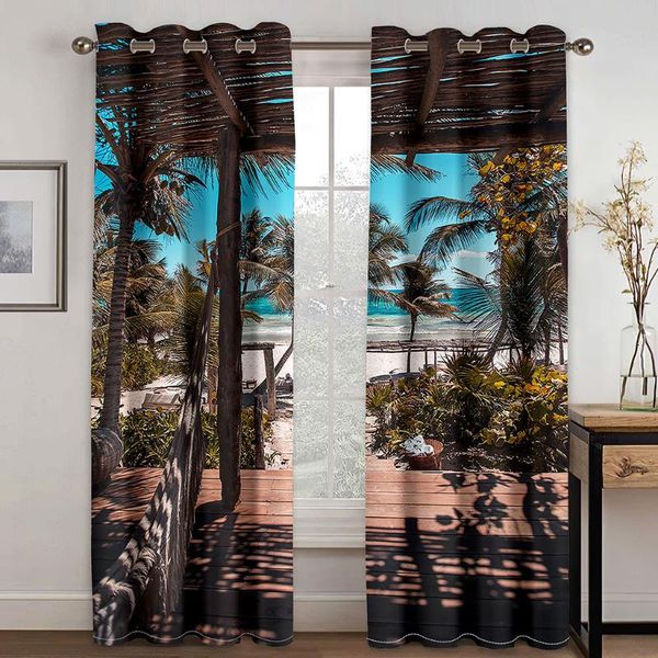 

summer beach scenery decoration 3d printing semi sunshade curtain set waterproof fabric washable with bedroom hook accessories & drapes