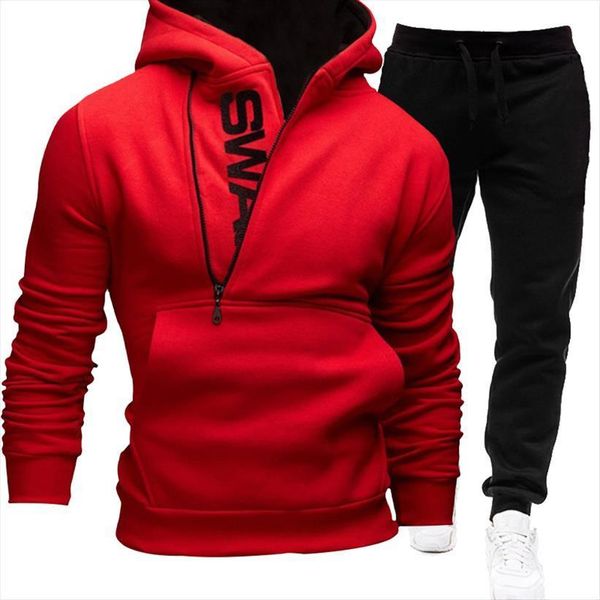 

sportswear two piece red men tracksuits letter hoodie and black trousers suit fashion jogging track sets, Gray