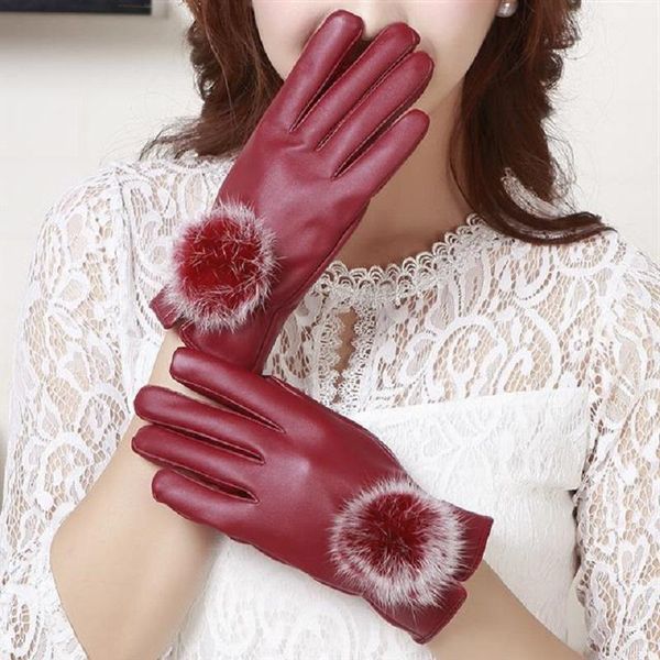 

five fingers gloves leather female winter women elegant lady' warm fur glove luvas mittens guantes accessories, Blue;gray