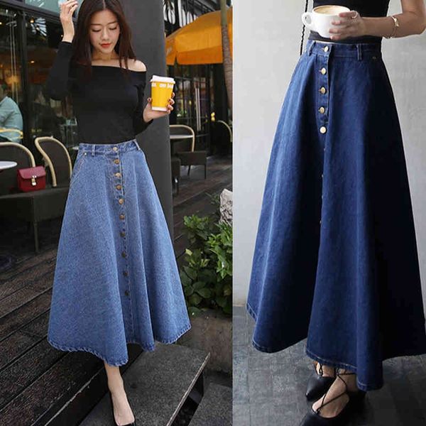 1long джинсовая юбка для женщин высокая талия линия плиссированная длинная S весенний старинный однобортный Harajuku 210514