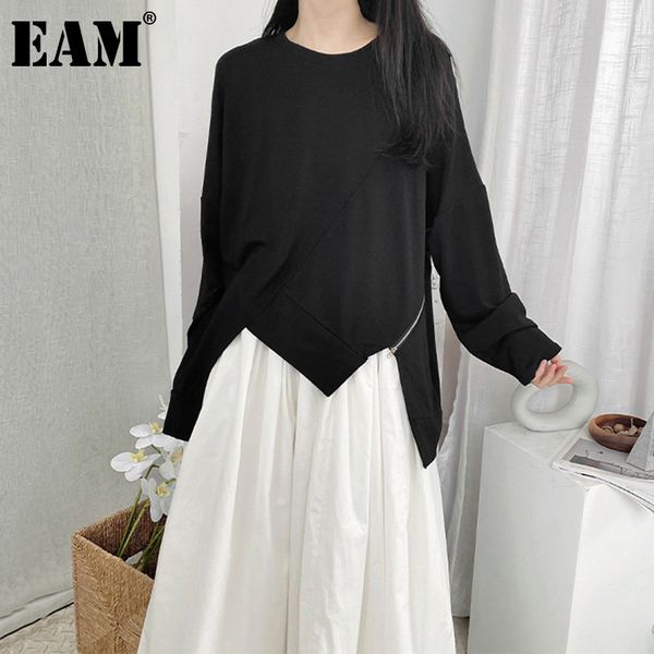 

[eam] women casual loose asymmetrical zipper spliced t-shirt round neck long sleeve fashion spring summer 1dd8304 210512, White
