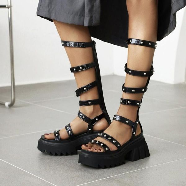 

sandals knee high cross strap rivet gladiators roman shoes retro womens wedge heel casual hollow out summer punk 2021, Black