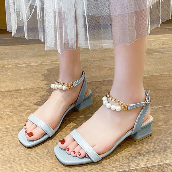 

sandals rimocy elegant chain pearl square heel women basic ankle strap med shoes woman beige pu leather office ladies, Black