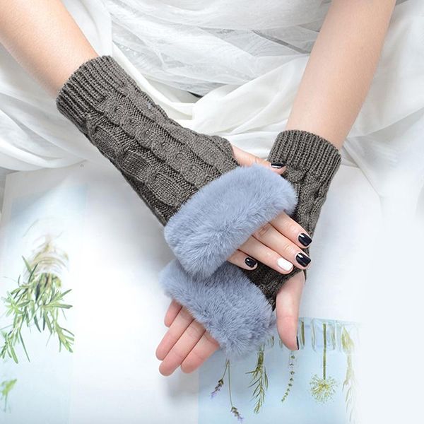 

five fingers gloves women autumn winter twist knitted warm fashion solid color fingerless faux fur patchwork crochet mittens, Blue;gray