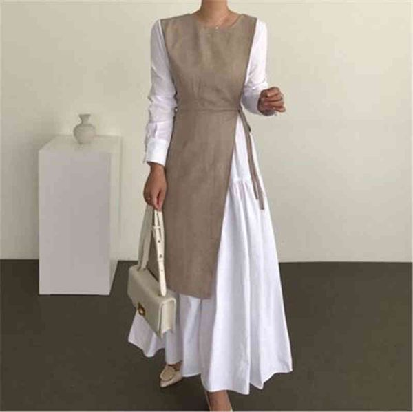 

casual dresses [ewq]women clothing loose fashionable female outfit french style patchwork autumn maxi dress ladies solid long sleeve khaki w, Black;gray