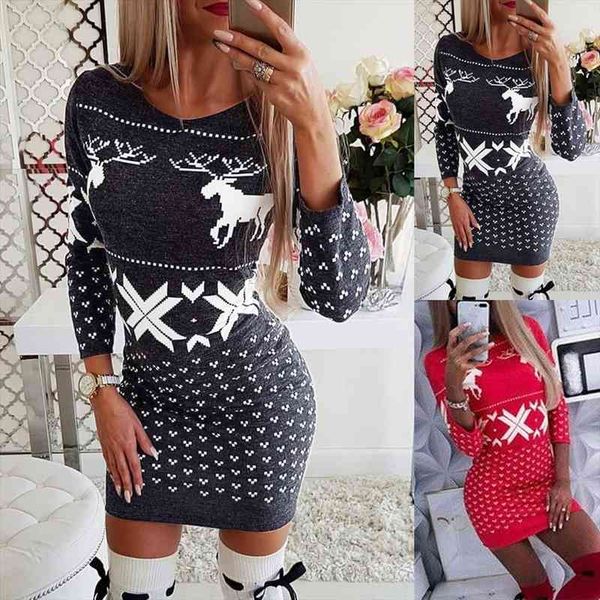 

womens christmas jumper dress ladies package hip long sleeve xmas eik print party dress casual slim mini vestido, Black;gray