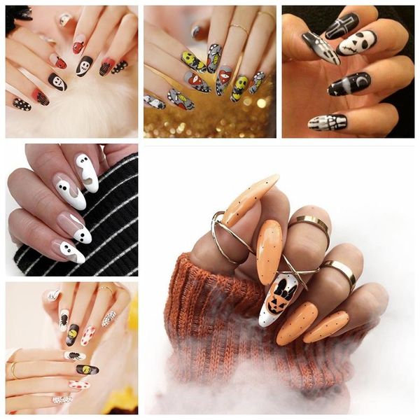 

false nails 24pcs halloween nail tips full cover fake girls diy manicure decor with glue, Red;gold