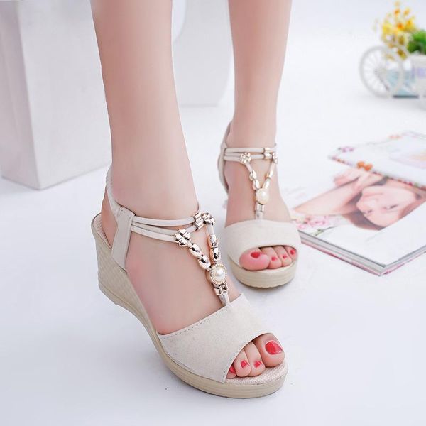 

woman sandals summer peep toes wedges platform woman's shoes solid narrow band outdoor non slip metal decoration 2021, Black