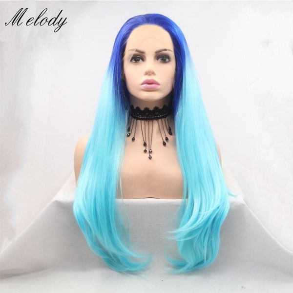

synthetic wigs melody timed specials ombre blue hair long straight lace front wig heat resistant fiber for women 24 inches, Black