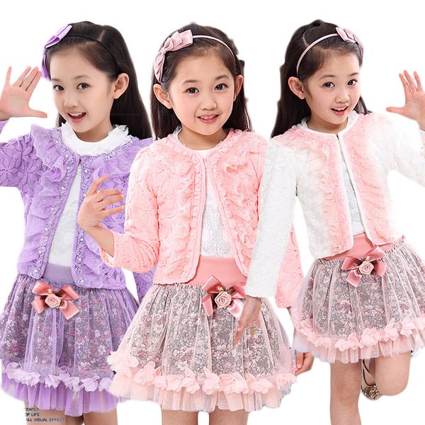 

Autumn Children Princess Flower Girls 3 pcs Clothing Set Short Mini Jacket Blouse Shirt Lace Tutu Skirt For 2 4 7 Years Girl Set, S0890-pink