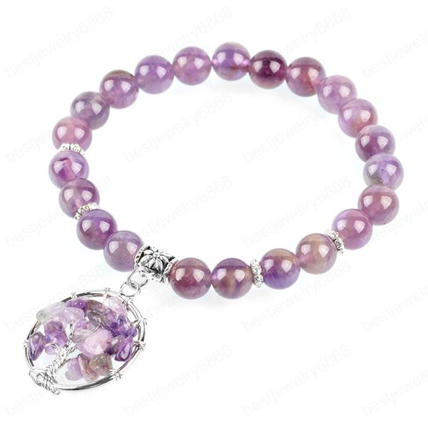 Чакра Камень натуральный Amethys Gem Beads Strand Браслет Ювелирные Изделия Yoga Медитация Дерево жизни Браслеты