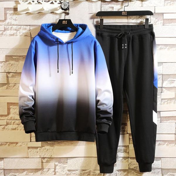 

men's tracksuits autumn casual long-sleeved t-shirt suit trend korean loose gradient hooded handsome two-piece men, Gray