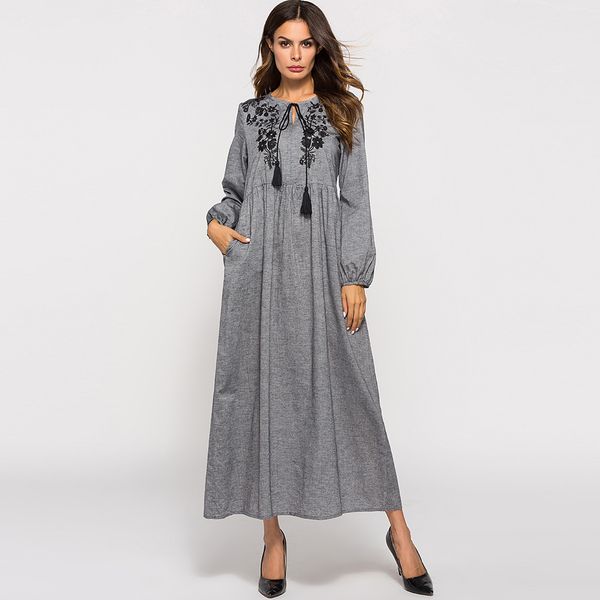 

muslim embroidery abaya dress women dstring maxi a-line hijab dresses dubai moroccan kaftan islamic clothing with poet, Red