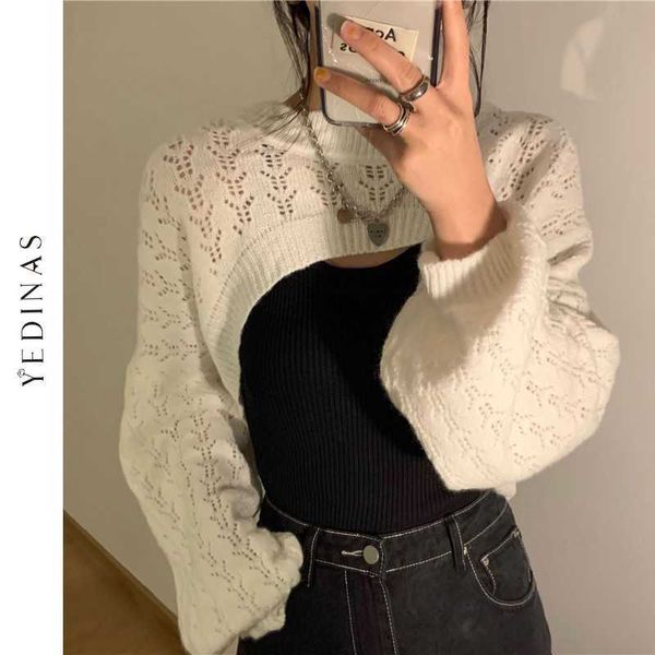 

fashion simple knitted solid long sleeve hollow short pullover women sweater knit fall crop outfit cropped cape cloak 210527, White;black