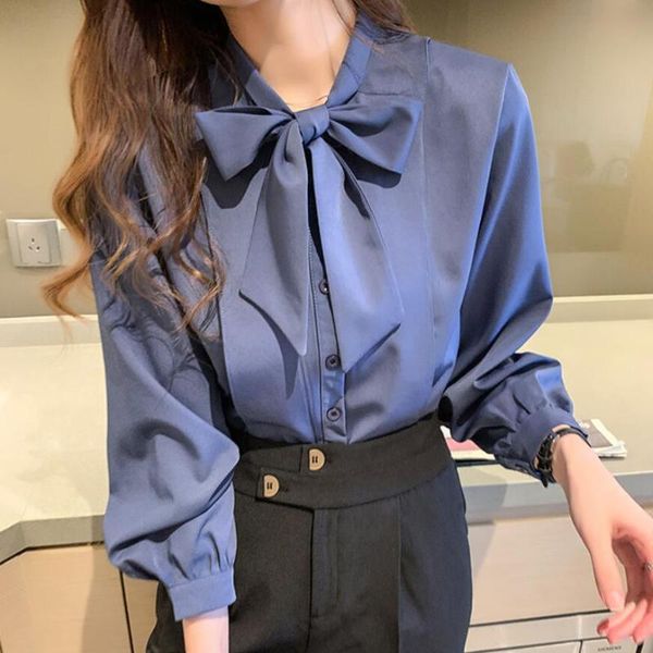 

women's blouses & shirts 2021 spring autumn long sleeve bow collar office lady chiffon white shirt women blouse and jw9980