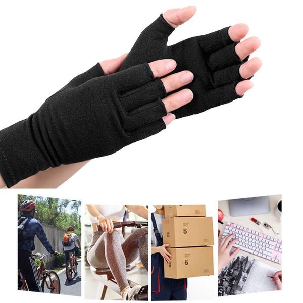

pair of arthritis gloves pain relief compression fingerless cotton fabric sports for frequent hand users wrist support, Black;red
