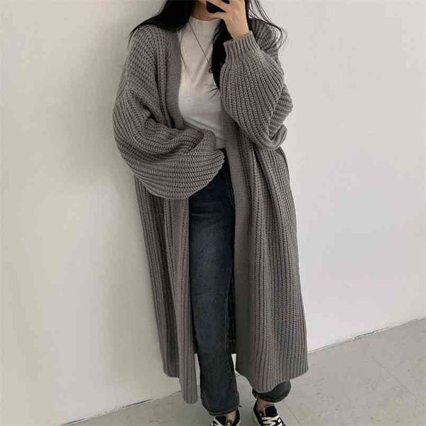 Mulheres Casual Longo Cardigan Cardigan Tops Vintage Sweater Lode Revestimento Preto Coreano Moda Retro Roupas 210914